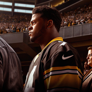 Juju Smith-Schuster, serious face, Pittsburgh Steelers jersey. Crowded stadium in the background.