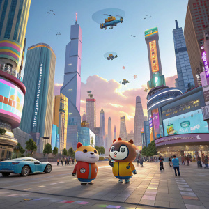 In the animated world of 'Adventure of Appu & Gappu', Appu and Gappu stand in the center of a bustling, futuristic city square.