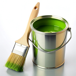 a brush and a bucket of green paint