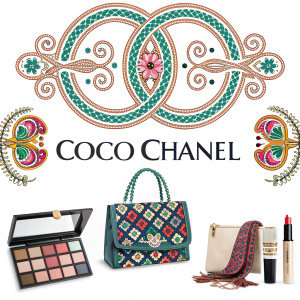 Coco Chanel's logo redesign. New version features intricate monogram, vibrant colors, and ornate font. Featured on a variety of products.