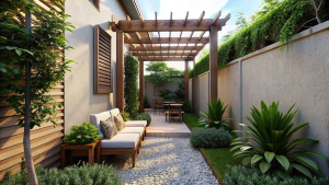 Transforming Narrow Side Yards with Creative Landscaping Ideas, Installing a pergola or gazebo in the narrow side yard to provide shade and create a cozy outdoor seating area.