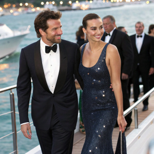 Bradley Cooper and Irina Shayk arriving at a luxury yacht party. Both are dressed in formal attire.