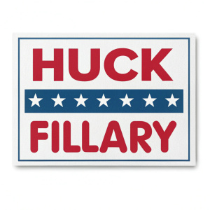 Political bumper sticker with 'HUCK FILLARY' in bold, red and blue letters. White background.