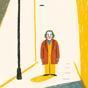 Joker, the iconic DC Comics villain, standing alone. Dark alley background. Red coat, green hair, clown makeup