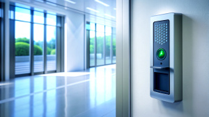 Finger print scan access control system machine on wall near entrance door office