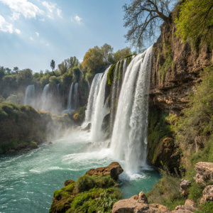 A breathtaking image of Karpuzkaldiran waterfall in Antalya, Turkey. Majestic multi-tiered cascade with abundant white water cascading down a rugged cliff face. The lush greenery surrounding the falls adds to its natural beauty.