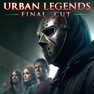 Movie poster for 'Urban Legends: Final Cut'. Dark metallic theme. Central figure is a menacing mask-like structure with sharp metallic edges. Group of people with frightened, serious expressions. Bold, eerie text in contrasting color reads 'Urban Legends: Final Cut'.