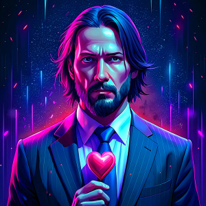 a poster depicts a John Wick, Keanu Reeves holding a heart shaped balloon
