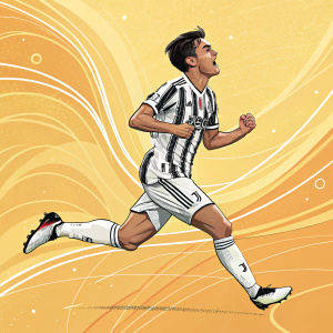Illustration of Paulo Dybala, wearing jersey and shorts, dynamic pose. Bright, colorful abstract background