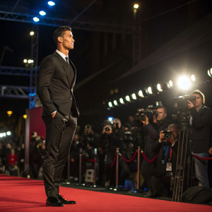 Cristiano Ronaldo, dressed in a black suit, stands on stage during an award ceremony. Bright lights, paparazzi flash