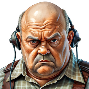 A ham radio operator, fat grumpy old man with a bald head looking like he hasnt washed in weeks. Centre and isolate on a white background.