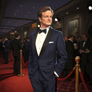 Colin Firth, in elegant navy suit, posing for award ceremony. Crowded room, dim lighting, red carpet event.