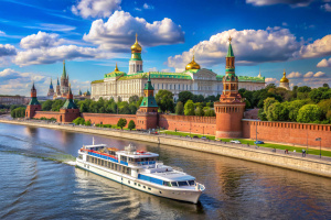 Москва-река, плывёт прогулочный корабль, задний план кремль
