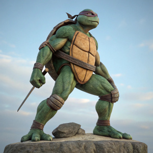 A 3D render of a Teenage Mutant Ninja Turtle statue, positioned in a powerful stance. The turtle is emerald green with a robust physique. It stands on a plain, rough-textured base against a soft blue sky background. The turtle's shell is a deep, natural brown.