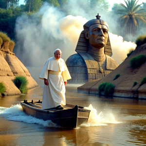 the pope riding a sphinx across the river Styx jumps into the third world war