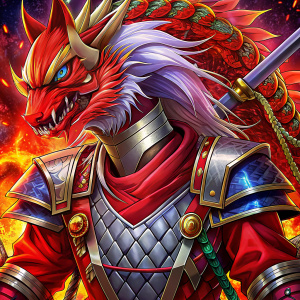 anime, best quality, A mercenary in red armor,  red armor with dragon ornament, twenty two katanas with a dragon pattern, square hard face, white l hair, blue eyes, male facial features