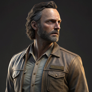 High-resolution render of Rick Grimes figure. Intense, focused look. Detailed textures, dramatic lighting