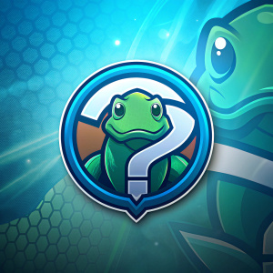 Logo de marca con un signo de interrogacion y una tortuga con un fondo animado