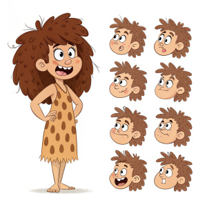 Cartoon cavewoman, with wild brown hair and a furry hide. She's displaying a range of expressions in a grid layout on the right, while standing confidently on the left.