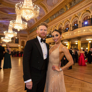 Neil Jones and Katya Jones at a glamorous gala. Lavish ballroom with chandeliers and gold accents, crowded with elegantly dressed guests.