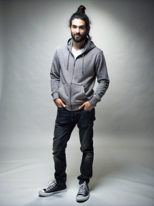 The guy is British with black hair tied in a ponytail. he is wearing a gray hoodie and black jeans, converse on his feet, without a beard and mustache