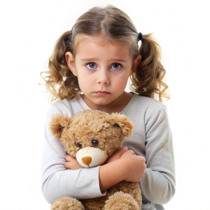 niña triste con un oso de peluche. background white