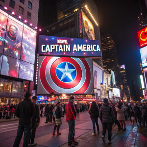 In the heart of Times Square, a colossal Marvel billboard showcasing Captain America's iconic shield, surrounded by bustling crowds and flashing neon lights.