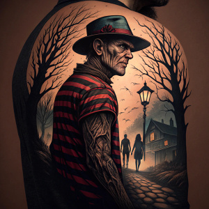 A surreal tattoo design featuring Freddy Krueger from Nightmare on Elm Street. Dark and intricate, with twisted streets and shadowy figures in the background.
