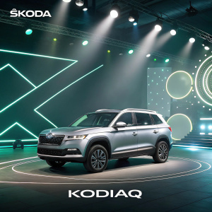 Conceptual art for Skoda Kodiaq launch. Futuristic stage with ambient lighting, showcasing car's sleek design. Digital illustration with brand name and slogan prominently featured.