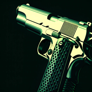 Colt M45A1 CQBP handgun in digital 3D. Dark environment, focus on weapon's sleek design and detailed textures.