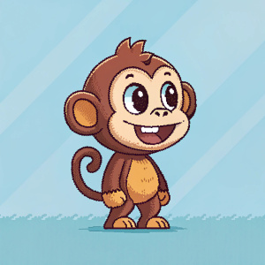 A cheerful, pixelated monkey sprite on a light blue backdrop. Detailed and clear-cut features. Retro video game aesthetic