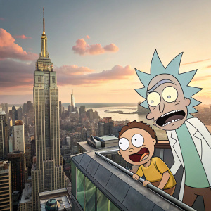 Rick Sanchez and Morty Smith in an animated urban rooftop scene. They are exaggeratedly large, with comically detailed expressions. The backdrop features a towering, uniquely designed skyscraper.