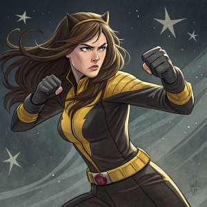 Hitomi Kisugi, character from Cat's Eye, illustrated in a fierce battle stance. Dark background with faint star patterns. Long brown hair flowing, yellow belt, fitted bodysuit