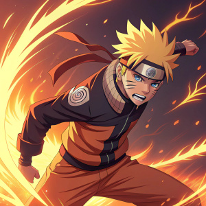 Illustration of Naruto in an intense battle stance. Fiery background with dynamic strokes and bright hues. Anime style