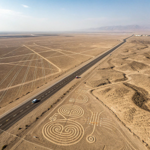 From a bird's-eye view, the Nazca Lines in Peru. Mysterious figures and lines etched in the desert floor. Aerial shot