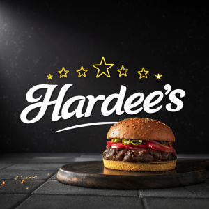 Stylized digital art of Hardee's logo. Modern, sleek design. Simple and elegant against black backdrop