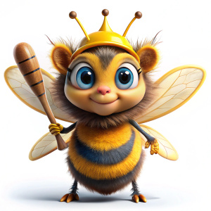 cute realistic bee with queen crown and holding a real baseball bat, white background.