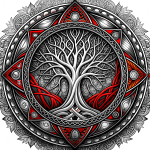 Nordic yggdrasil –  high-definition design grey and black, realistic tattoo design, white background