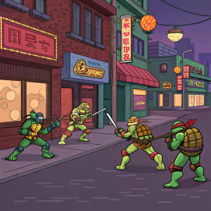 Vivid pixel art depicting the Teenage Mutant Ninja Turtles. They're in a lively street scene, each in a fighting stance. The backdrop is filled with vibrant storefronts and signs. The color palette is bold and dynamic, making the characters and surroundings pop.