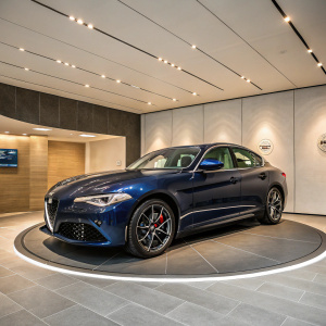 Dark blue Alfa Romeo Giulia Q4 on display. Miller Motorcars showroom, neutral-toned walls, circular platform