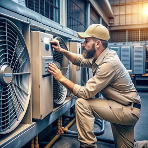  Technician in beige uniform and beige baseball cap, repairing hvac