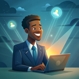 smiling black business man sitting in from of a desk looking at a laptop, glowing laptop  screen projecting business icons,  wide camera angle, side view