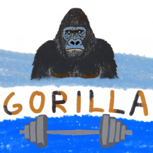 Stylized gorilla head logo for fitness brand. The gorilla is positioned in a powerful stance, conveying strength and determination. The logo features a teal gradient background with the fitness brand name written in bold, rugged font beneath the gorilla's image.
