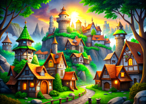 A fairytale village in a green forest