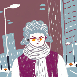 Anime character with elaborate hairstyle, wearing a scarf and vest, intense look. Modern cityscape background, 3D render.
