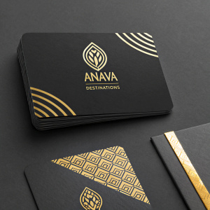 Anava Destinations rebranded with sleek and modern visuals. Predominantly black and gold theme. Logo on dark background, surrounded by business card mockups showcasing uniform design.