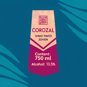 Etiqueta de Vino Corozal Vino Tinto Joven. Contenido: 750 ml, Alcohol: 13.5%. Incluye emblema rojo, QR code para información adicional.