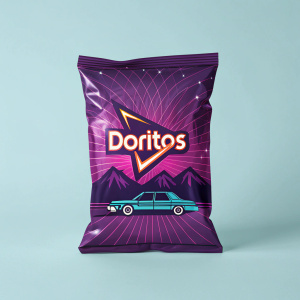 Packaging for Doritos. Modern, eye-catching design with bold purple hues. Brand name 'Doritos' in large font. Plastic bag with retro-futuristic artwork. Boreal label at bottom, light blue background
