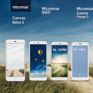 Micromax smartphone lineup ad. Vibrant yellow backdrop with dark accents. Various models featured: Micromax Canvas Nitro 5, Micromax Q421, and Micromax Canvas Power 5. Specifications include 5.5-inch HD display, octa-core processor, 4GB RAM, 64GB storage. Pricing ranges from Rs. 7,999 to Rs. 15,999. Visually appealing and informative.