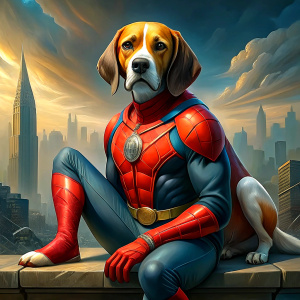 super hero Spider-Man sits on a dog - a beagle and eats a hotdog